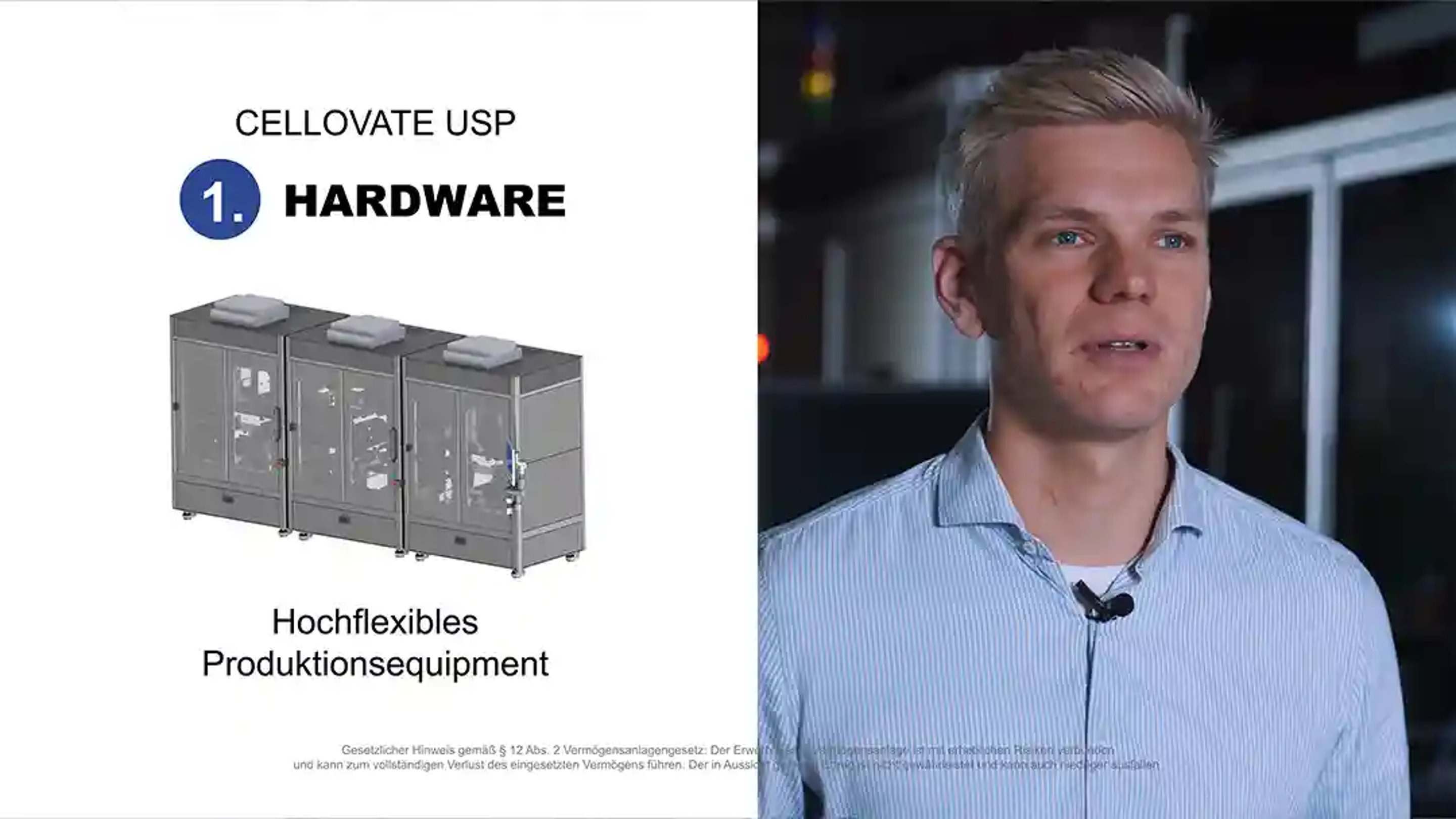 Split-Screen aus einem CELLOVATE Pitchfilm mit Produkt und Produktionsanlage
