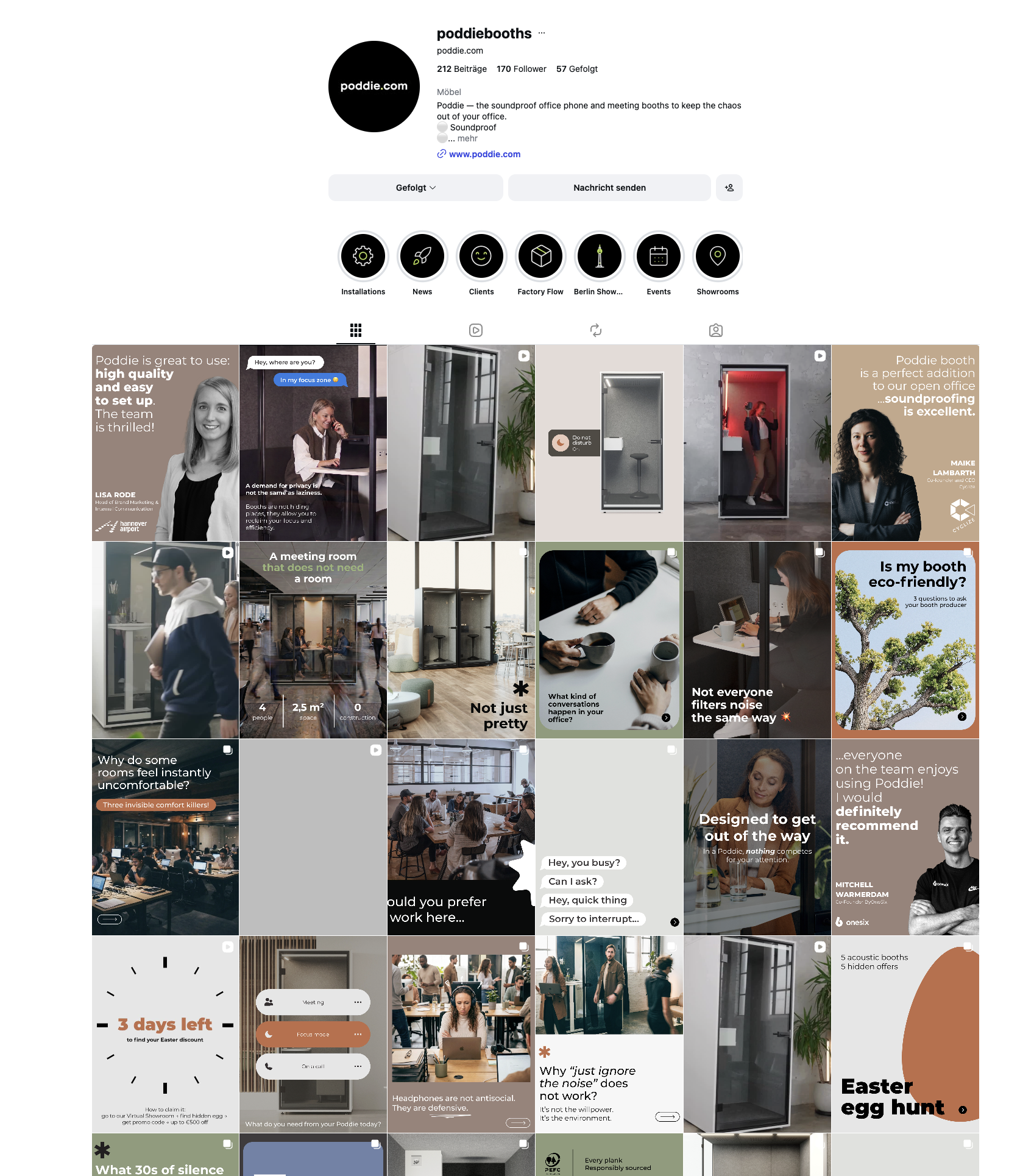Instagram-Feed von Poddie mit den produzierten Reels und Beiträgen